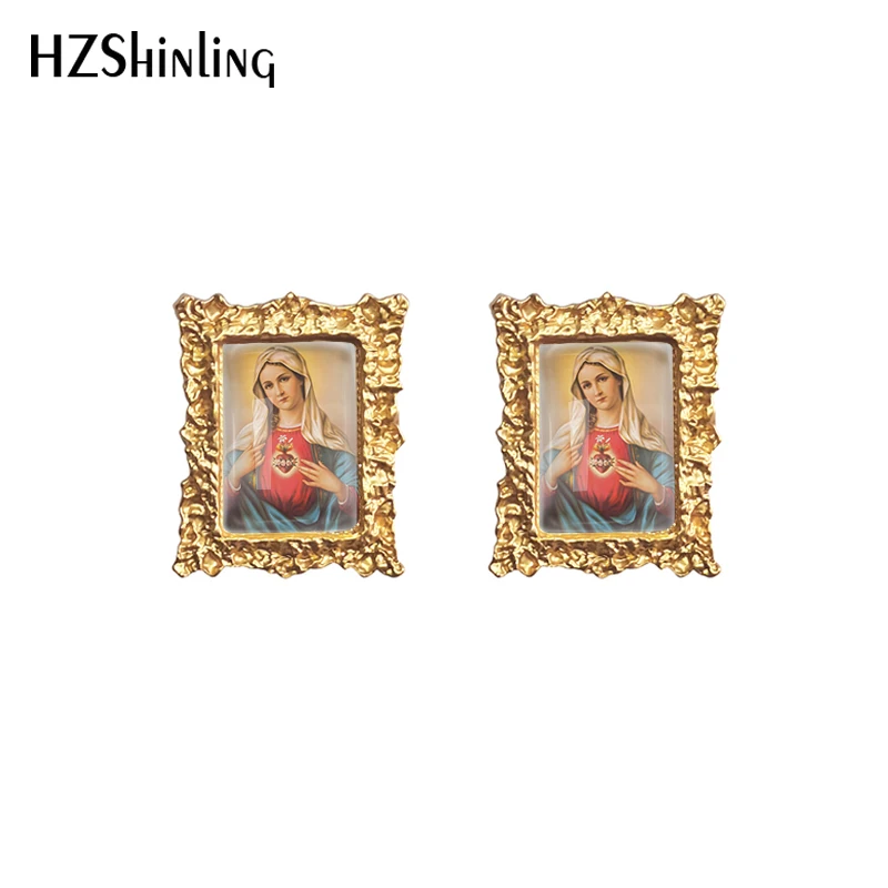 2022 New Virgin Mary Blessed Mother Stud Earring Art Painting Square Earrings Retro Art Printed Glass Photo Jewelry