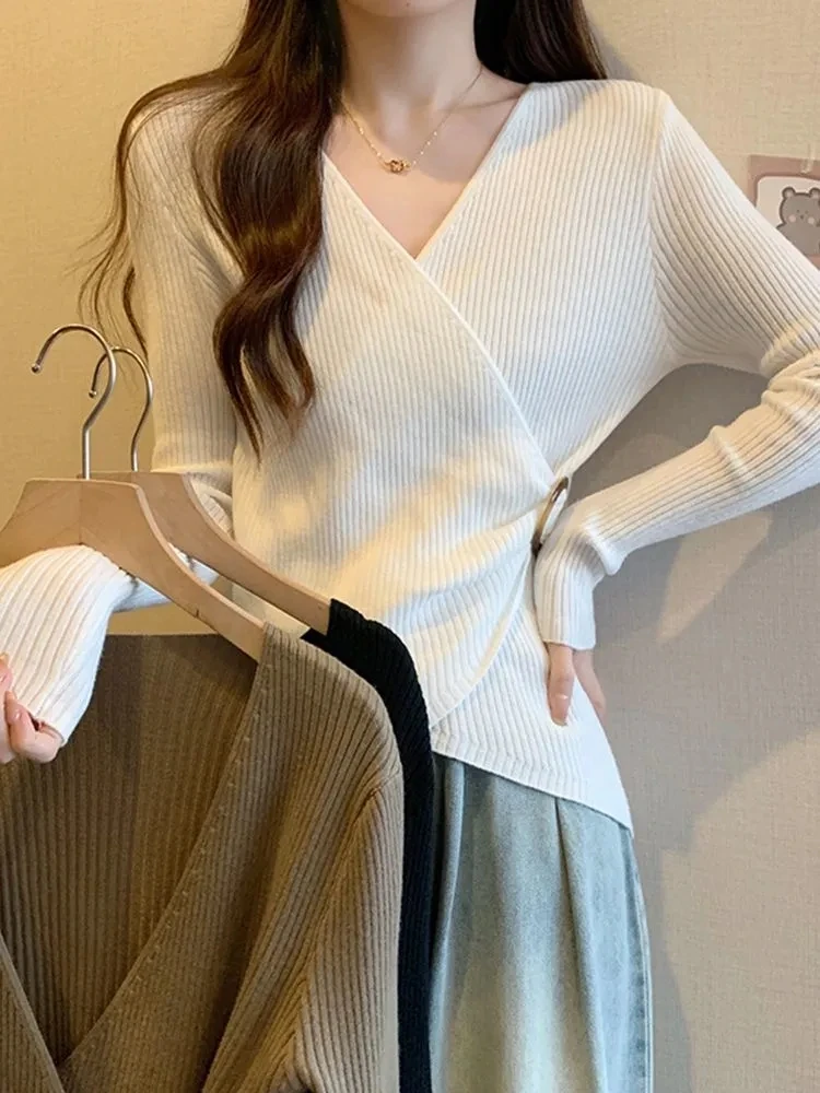 Plus Size 3xl Fall Winter Long Sleeve Sexy Knit Tops Women Korean Fashion V-neck Long Sleeve Simple Clothes Elegant Chic Sweater