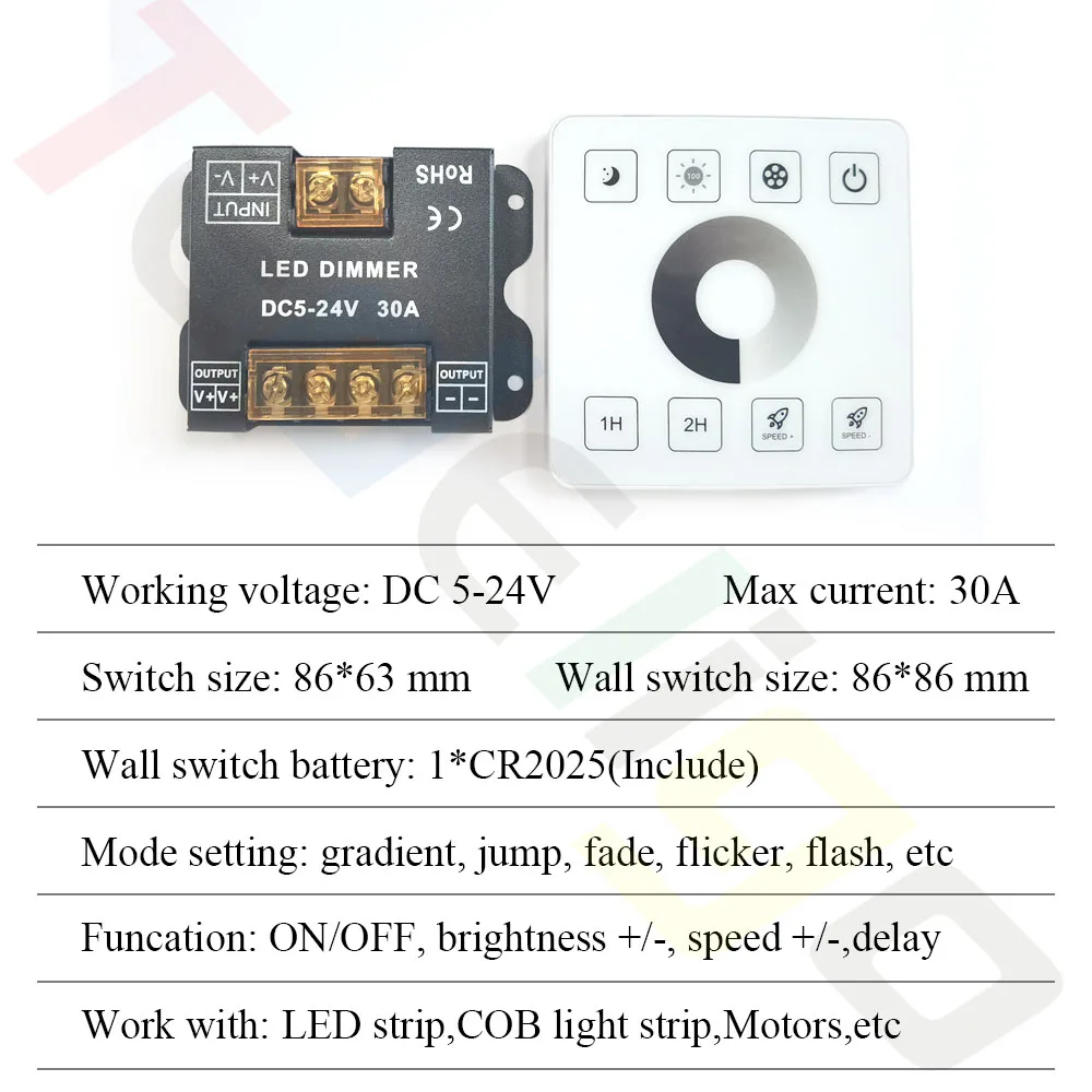 Tedeligo LED Dimmer Switch,433MHz 12V 24V 30A Regulator Adjustable Brightness Controller Wireless Wall Switch,for LED Strip,Lamp