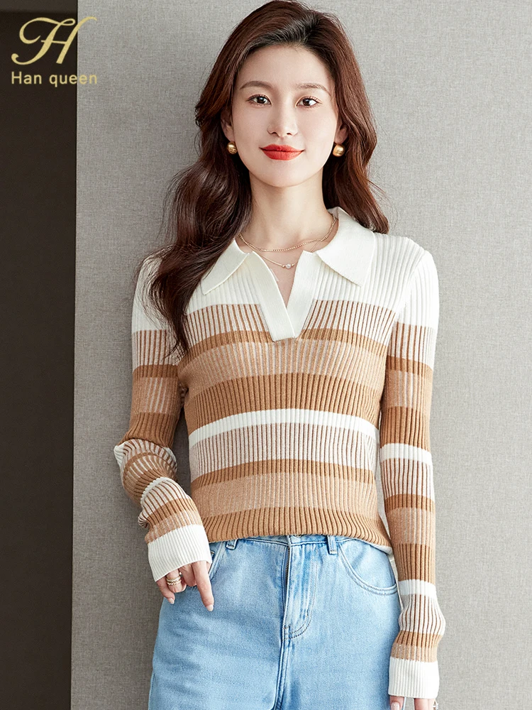 H Han Queen Autumn Winner Striped Pullover Korean Style Women's Clothing Vintage Casual Stretch Knitted Sweaters Long Sleeve Top