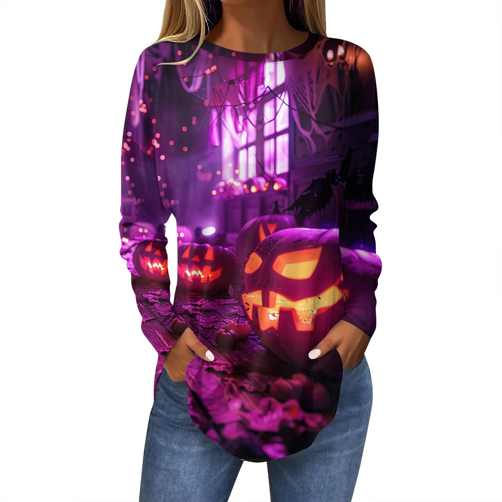 توب فضفاض برقبة دائرية للنساء ، طباعة الهالوني ، أكمام طويلة ، تنحنح منحني ، بلوفر أساسي ، قمم تناسب كل شيء ، الربيع والخريف