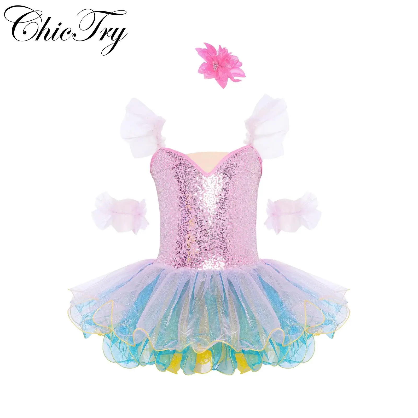 

Kids Girls Ballet Leotard Dress Dance Performance Costume Ruffled Sleeves Shiny Sequins Bodice Layered Tutu Dress with Headwear