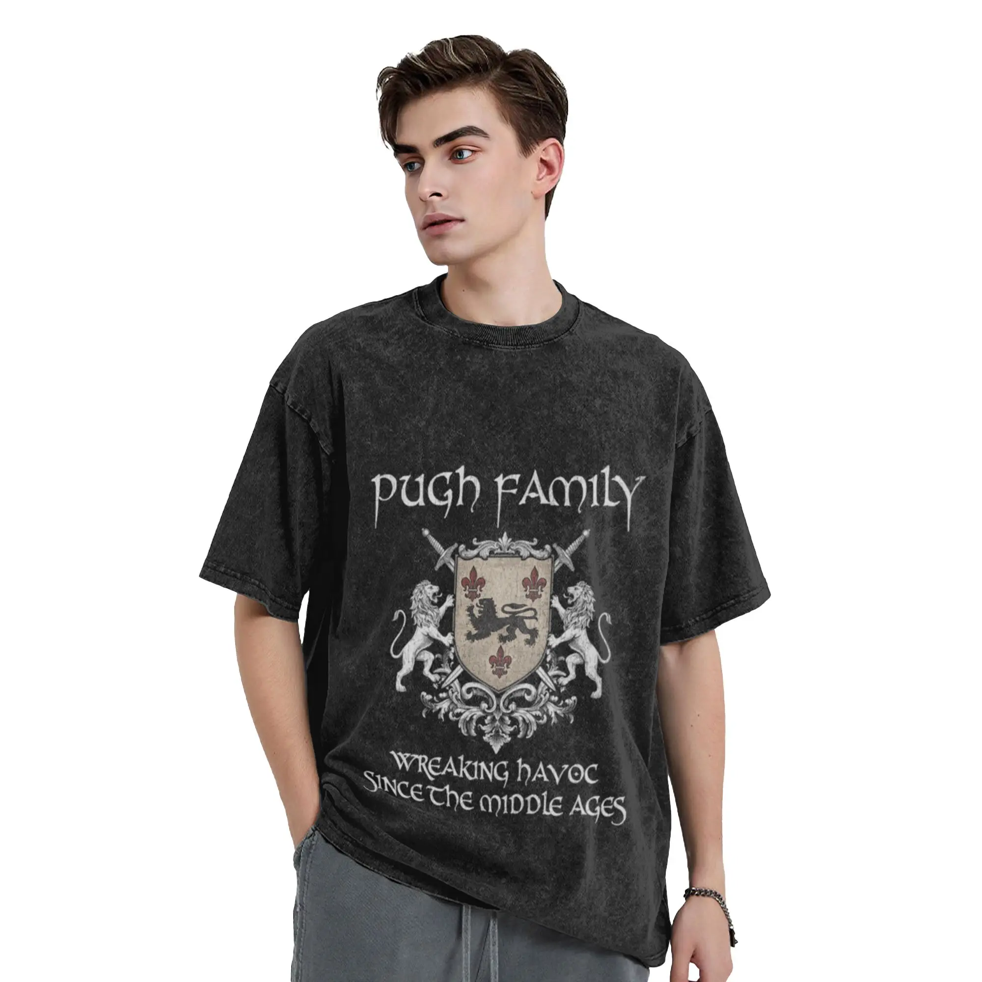 Pugh Family Crest   Medieval Heritage Emblem for Ancestry Lovers   Vintage Style Fans A Vintage Oversized Cotton Unisex T-Shirts