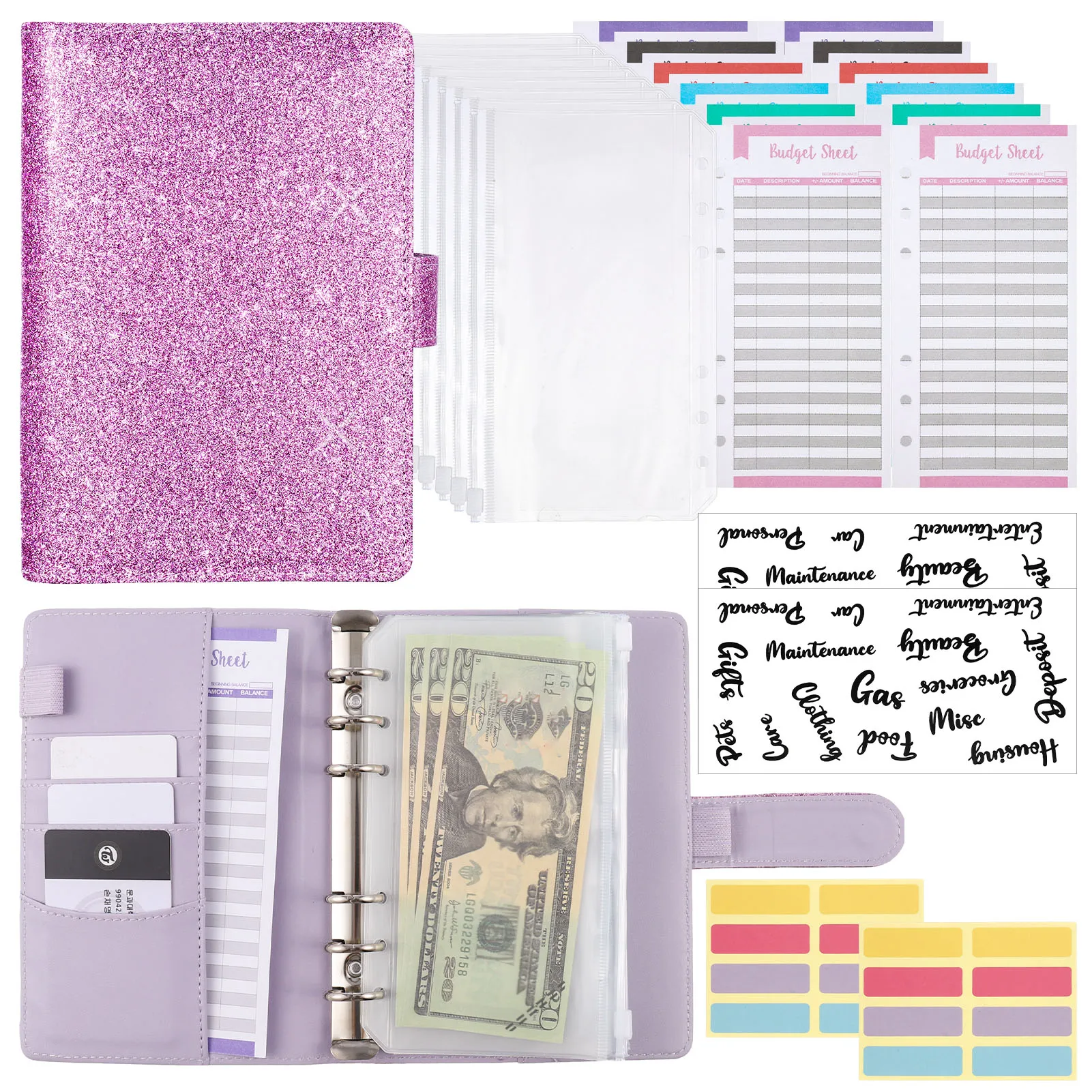 Budget Binder A6 Budget Planners with 8Pcs Zipper Cash Envelopes, Personal Budget Organizer with 12Pcs budgeting Sheets