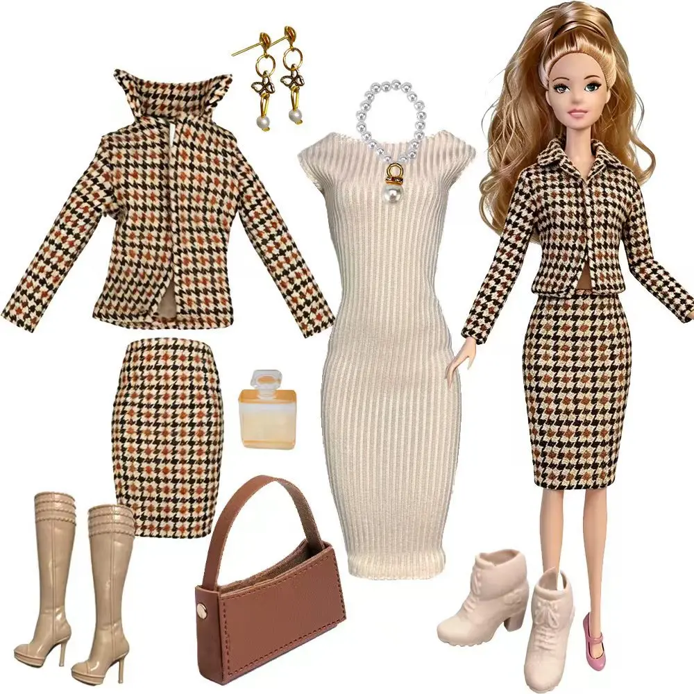 1/6 Clothes Parts Retro Brown Small Fragrant Style Outfit Set+Knitted Dress+Jewellery+Bag+Boot For 30cm Babi Supermodel Doll