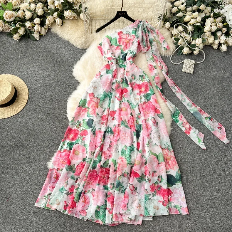 JAMERARY Summer Holiday Floral Maxi Chiffon Dress Women One Shoulder Sexy Print A Line Pleated Elastic Waist Long Vestidos