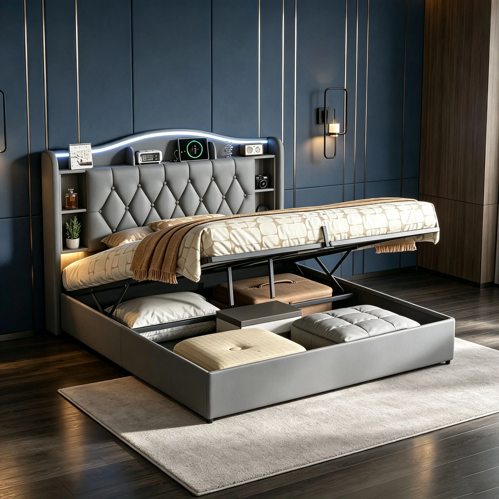 Estructura de cama Superaly, 140 x 190 cm, cama con plataforma tapizada y diseño capitoné, cama con almacenamiento hidráulico y estantería integrada e