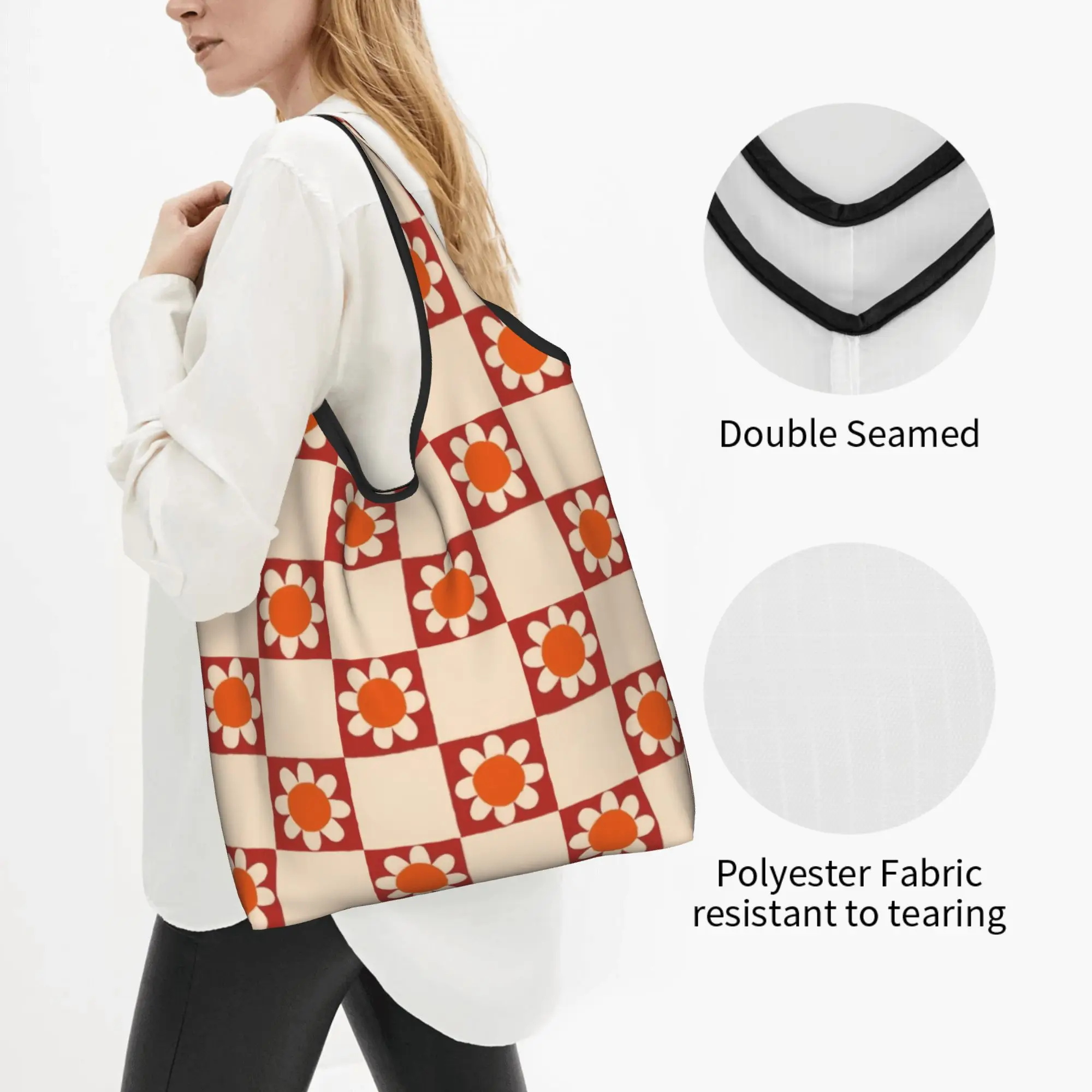 Kawaii Print Sunflower Checkerboard Daisy Cream Shopping Tote Bags Portable Shopper Shoulder  Handbag
