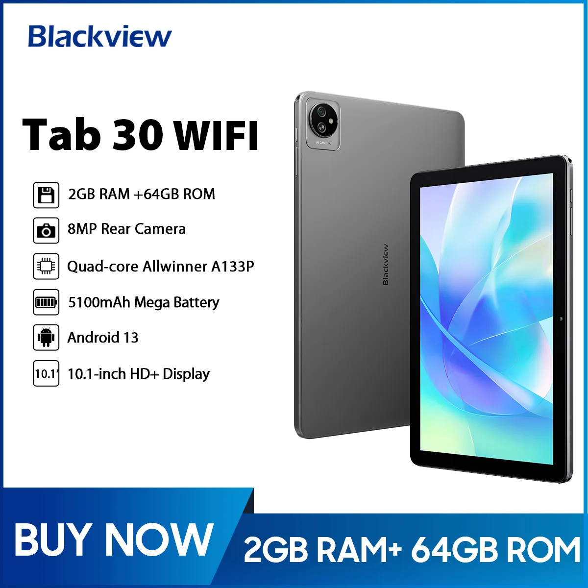 Blackview-Tab 30 Tablet WiFi com alto-falantes duplos, PC, 10.1 ", 800x1280 HD + IPS Display, Android 13, 2GB + 64GB, 2.4G, 5G, WiFi 6