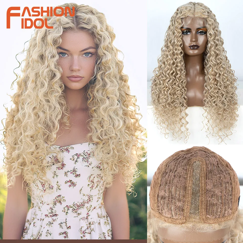 

FASHION IDOL 30 inch Afro Kinky Curly Lace Wig Synthetic With Baby Hair High Temperature Fiber Ombre Blonde Lace Wigs For Women