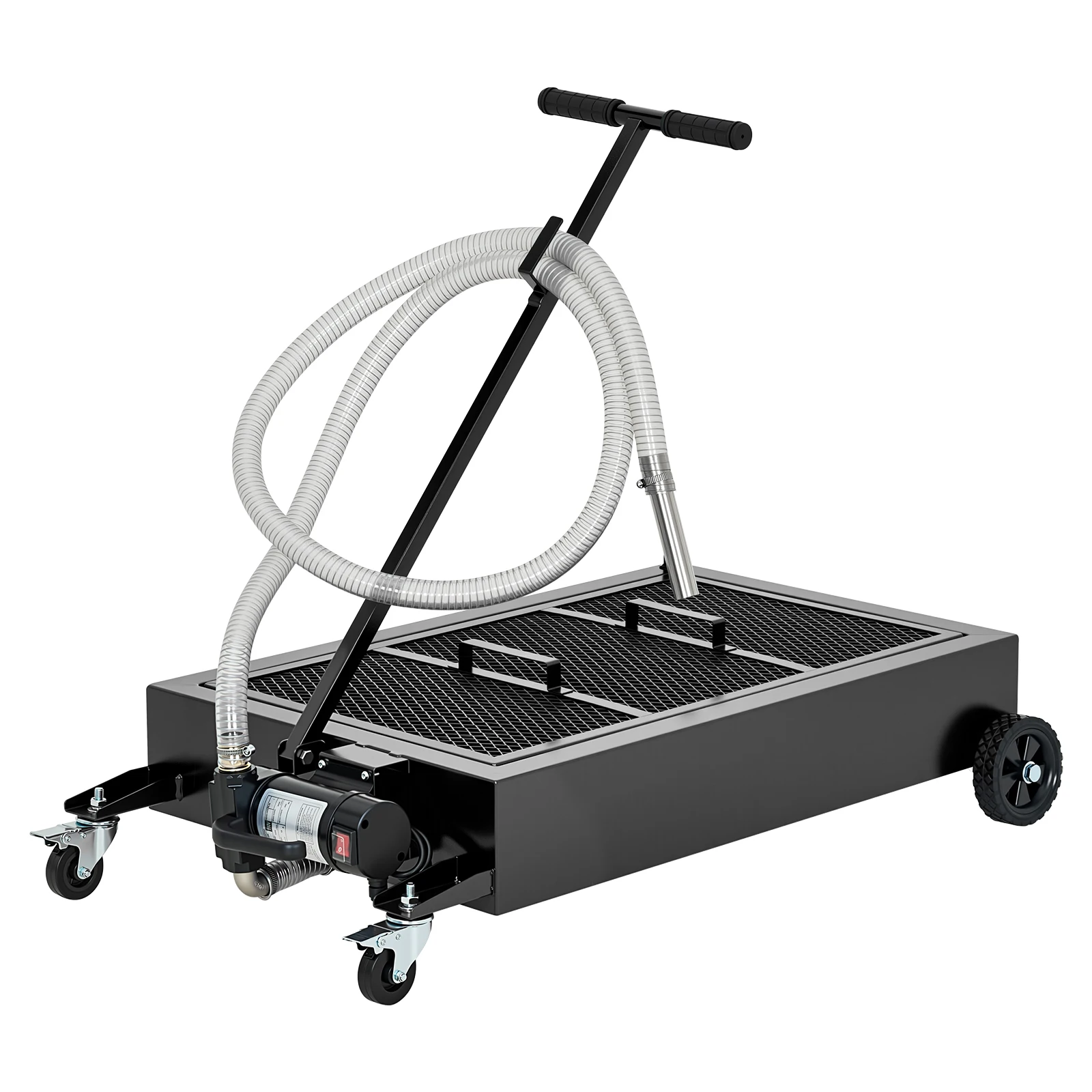 Low Profile Oil Drain Pan, 15-25 Gal Rolling Oil Drain Cart with 110V Electric Pump, Folding Handle, Locking Casters, Car Truck