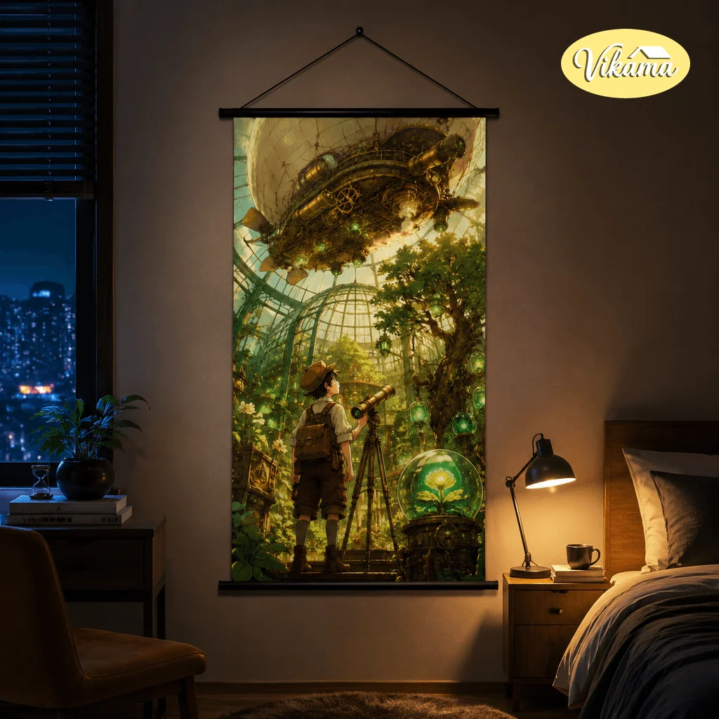 VIKAMA Steampunk Anime Girl Tapestry Wall Hanging Gear Mechanical Bird Flower Wall Art Decor for Bedroom Living Room Dorm