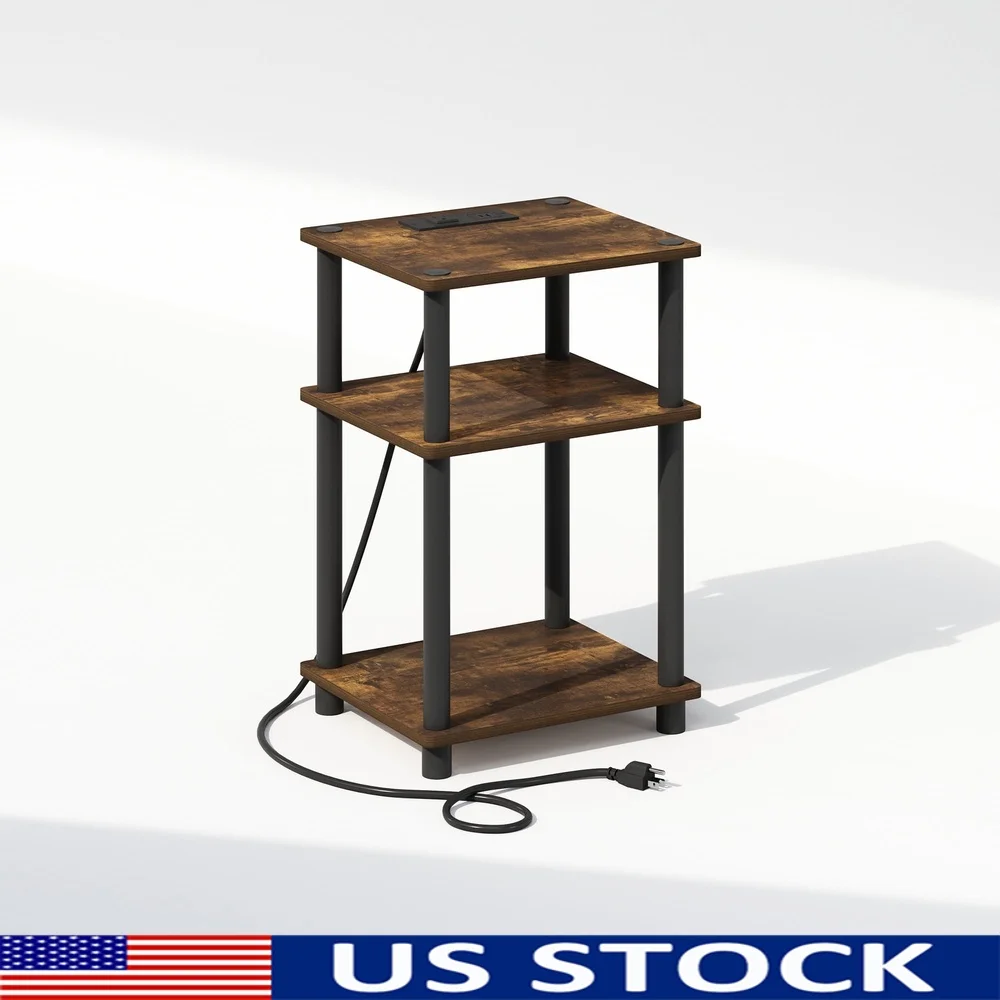 

3-уровневая тумбочка с открытым хранилищем и зарядной станцией USB Type-C Компактный торцевой столик для спальни Современный дизайн Янтарный сосновый черный