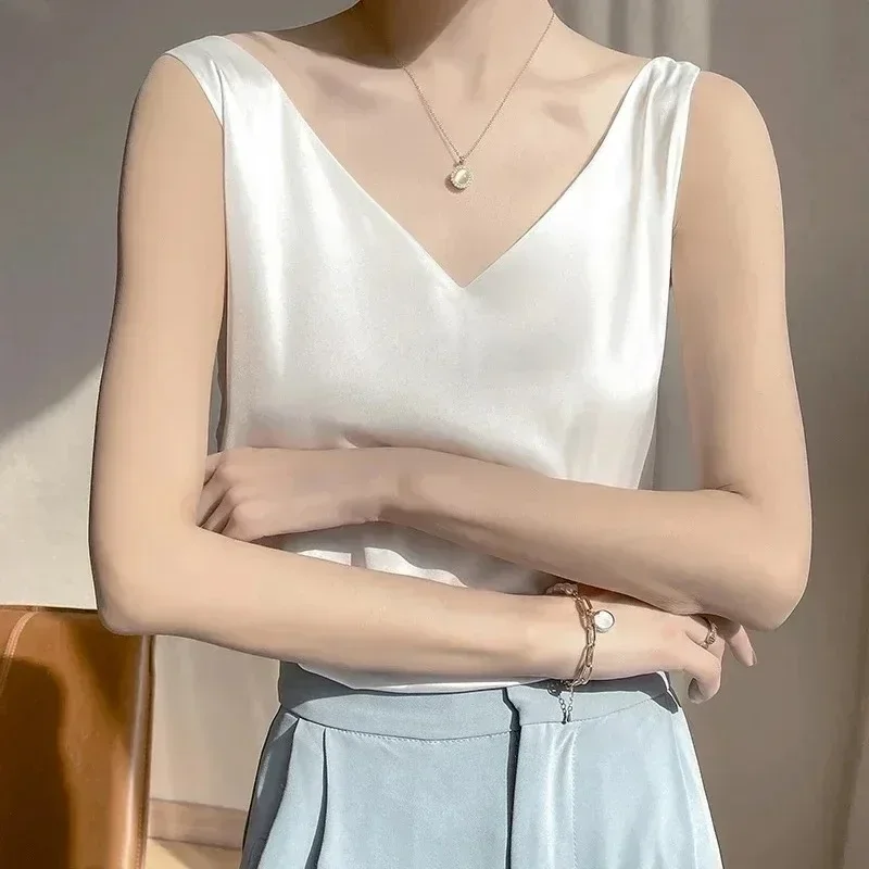 Tank Tops for Women Sleeveless V Neck Satin Silk Camisole Fashion Summer Solid Loose Vest Ladies Tops Streetwear