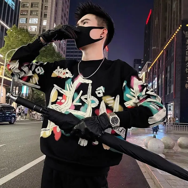 Men's Graffiti Hoodless Hoodie Men's Instagram Trendy T-shirt Spring and Autumn New Long Sleeve Spring Hoodie Round Neck Coat