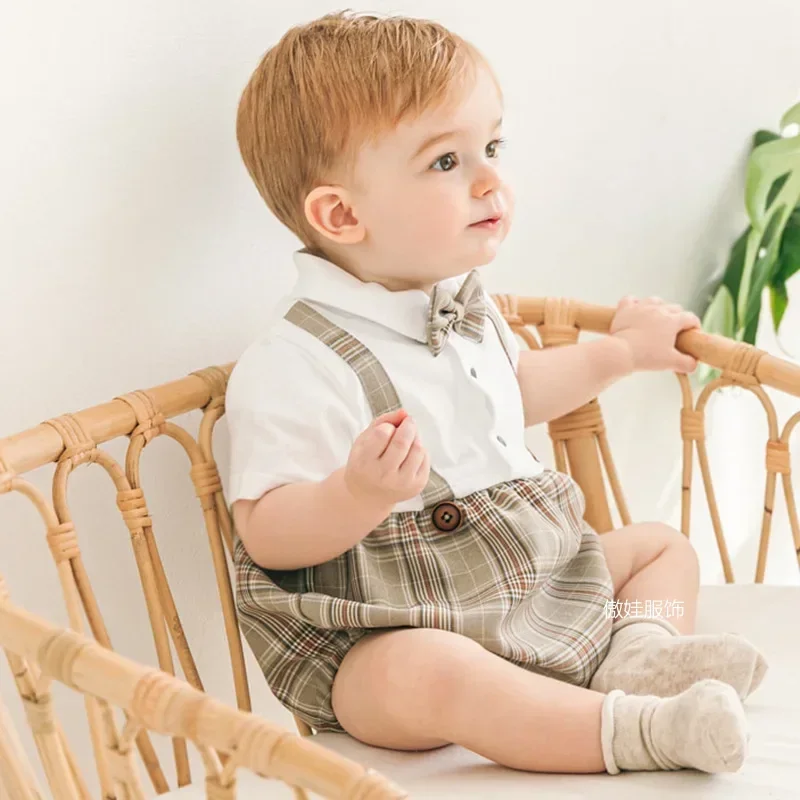 ICJAEHAO, ropa española de verano para niño, pelele para niño pequeño, conjunto de ropa a cuadros de manga corta para bebé, conjunto de ropa superior e inferior