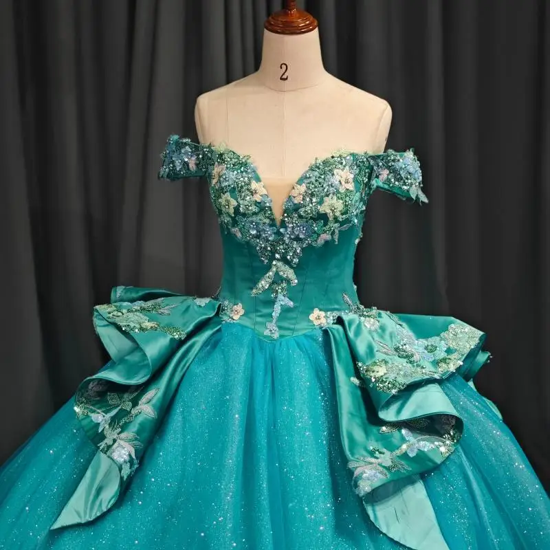맞춤형 반짝이는 검은 녹색 v 넥 Quinceanera 드레스 스팽글 아플리케 Tull trailing vestidos de 15 Quinceanera ﻿
