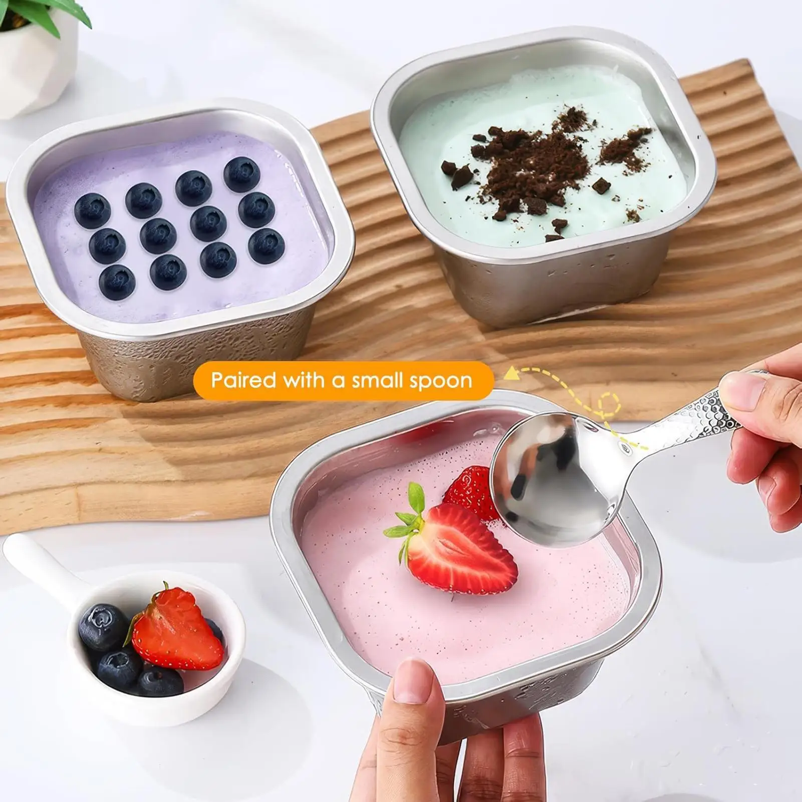 Reusable Ice Cream Containers 3 Pieces Food-grade Airtight Cups with Silicone Lid And Spoon 400ml Ice Cream Pint Containers for
