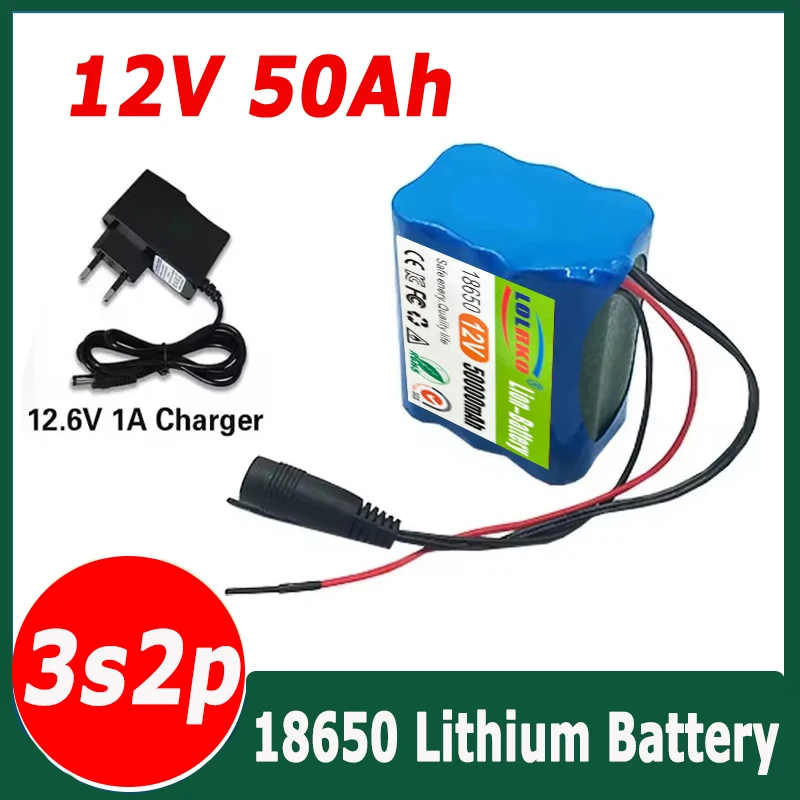 12V 50000mAh Rechargeable Lithium Ion Battery Pack 3S2P with BMS Protection for LED Strip Light Toy Car Security System