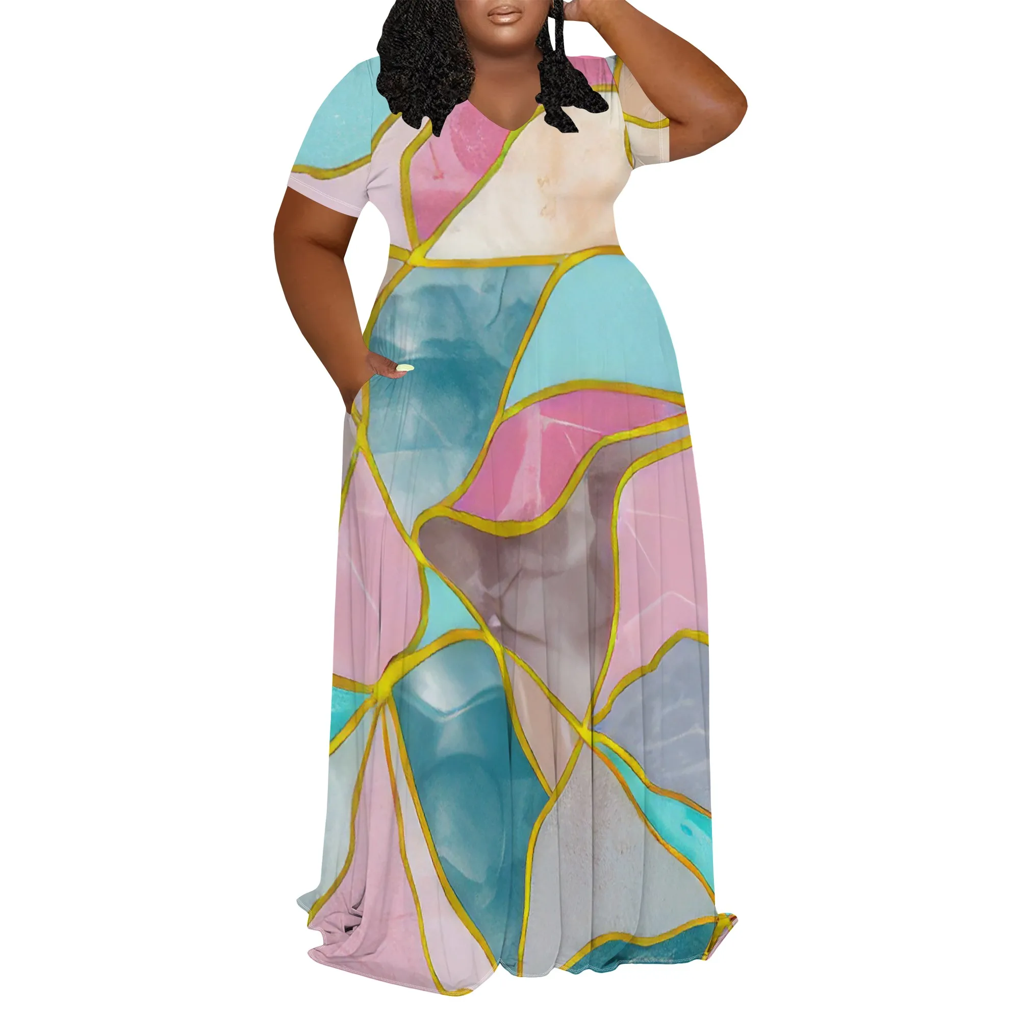 プラスサイズ レディース 夏 3D ファッション プリント ワンピース 半袖 Vネック マキシワンピース (ポケット付き)