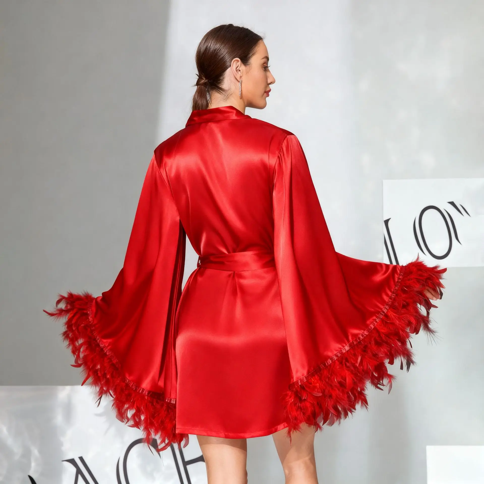 French Style Women's Robe Sexy Feather Cuff Flare Sleeve Bathrobe Elegant Silk Satin Homewear