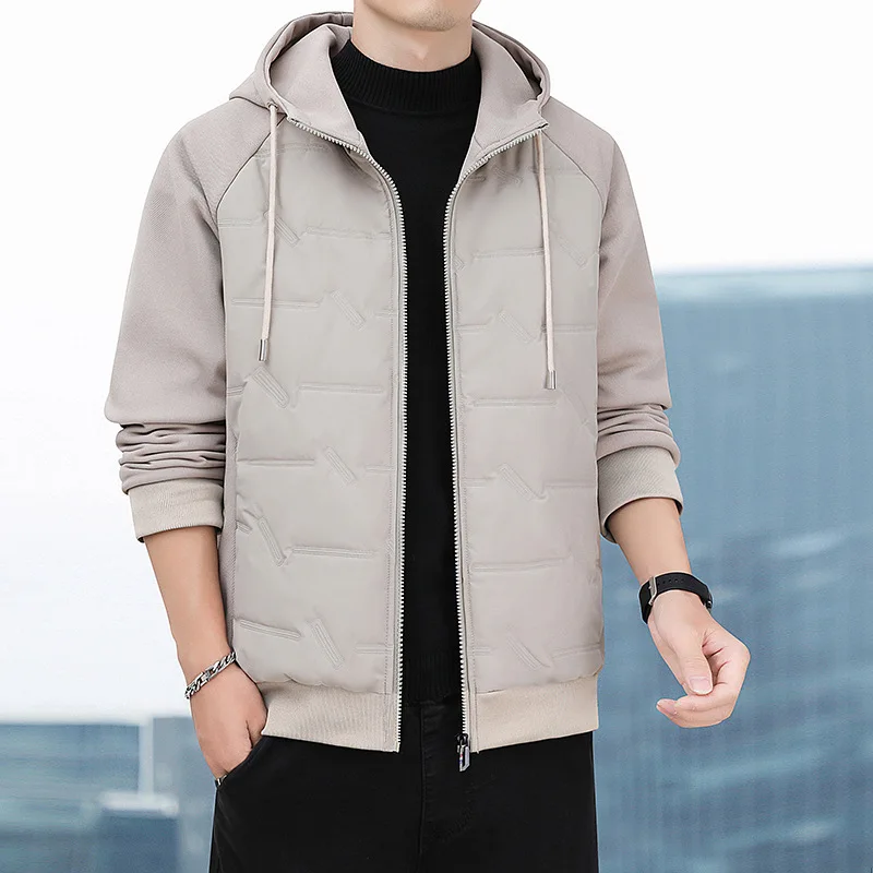 Męska kurtka puchowa na jesień i zimę 2025, patchworkowa, jednolita, zapinana na zamek, z kapturem, wiatroodporna, ciepła, z długim rękawem, odzież wierzchnia.