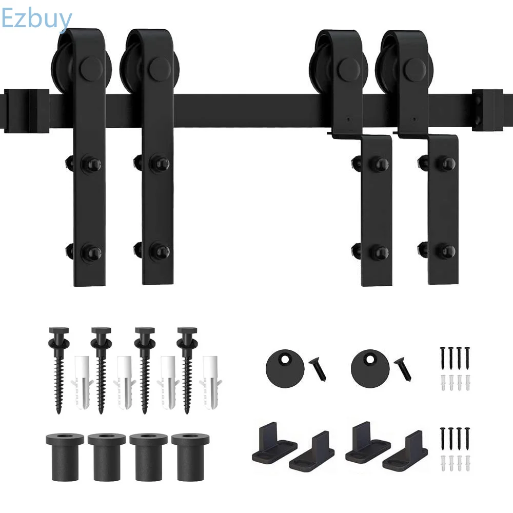 HACCER 4-16FT Bypass Sliding Barn Door Hardware Kit for Modern Double-Acting Door Track Bent Hanger System