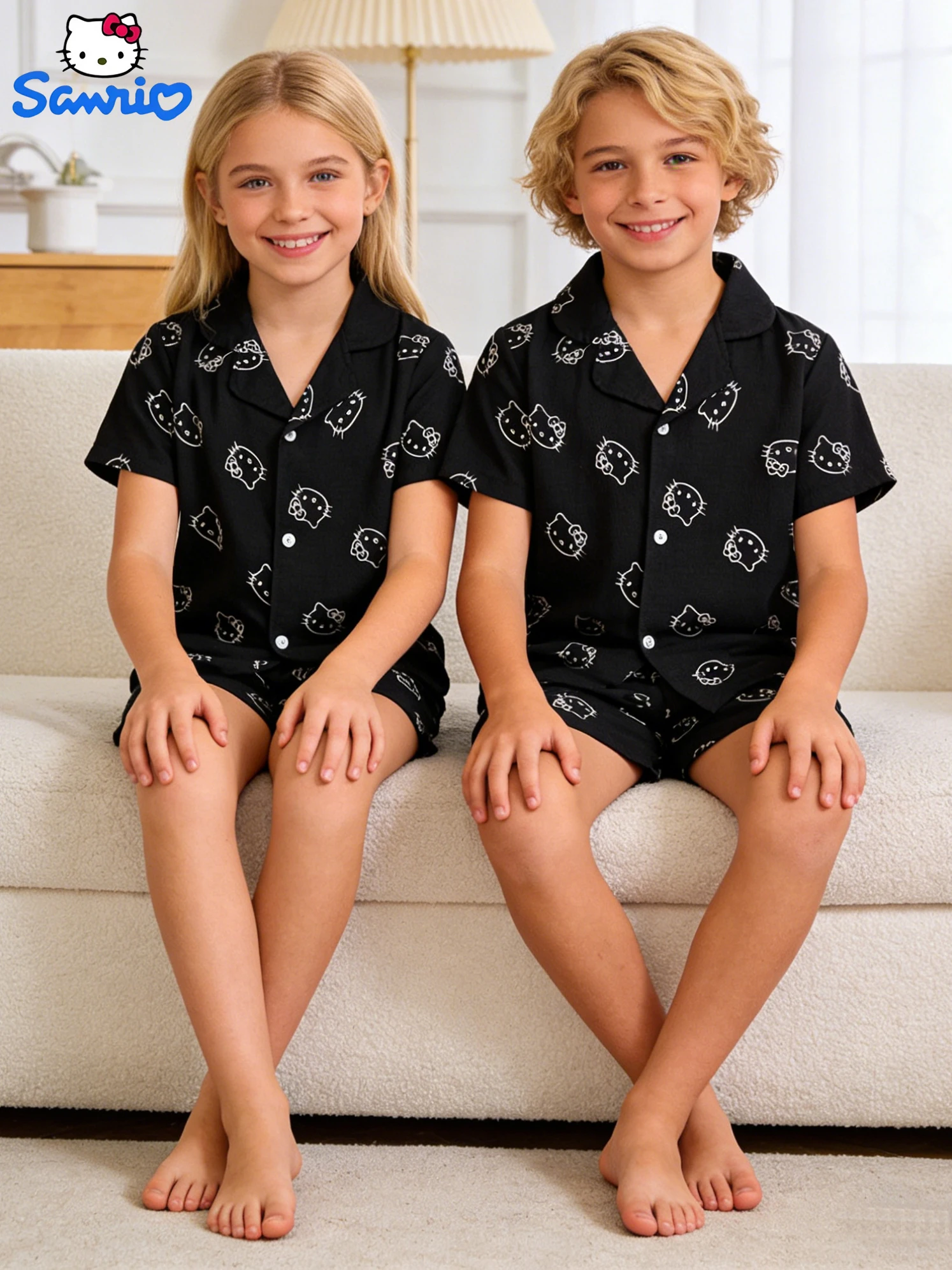 Sanrio Girls' Home Clothes Set Summer Hello Kitty Button Pajamas Short Sleeve Top Shorts Two Piece Set, Suitable for Home Wear,