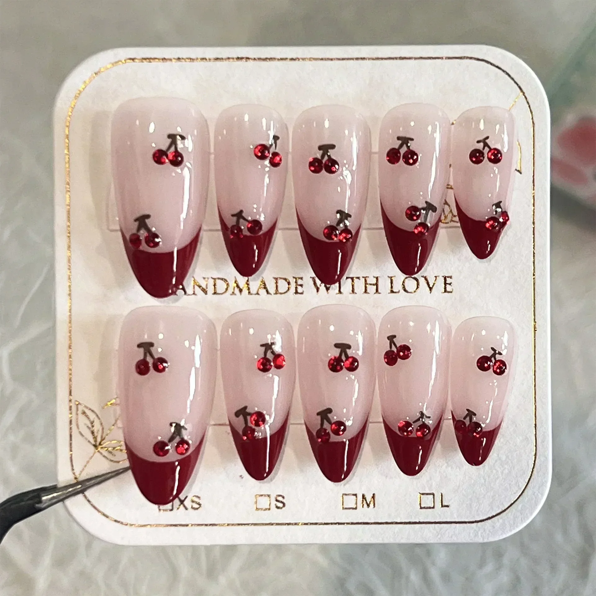 10Pcs French Almond Handmade Press on Nails Fake Nails with Cherry Pattern Wearable Stick-on Nails False Nail Uñas Postizas 네일팁