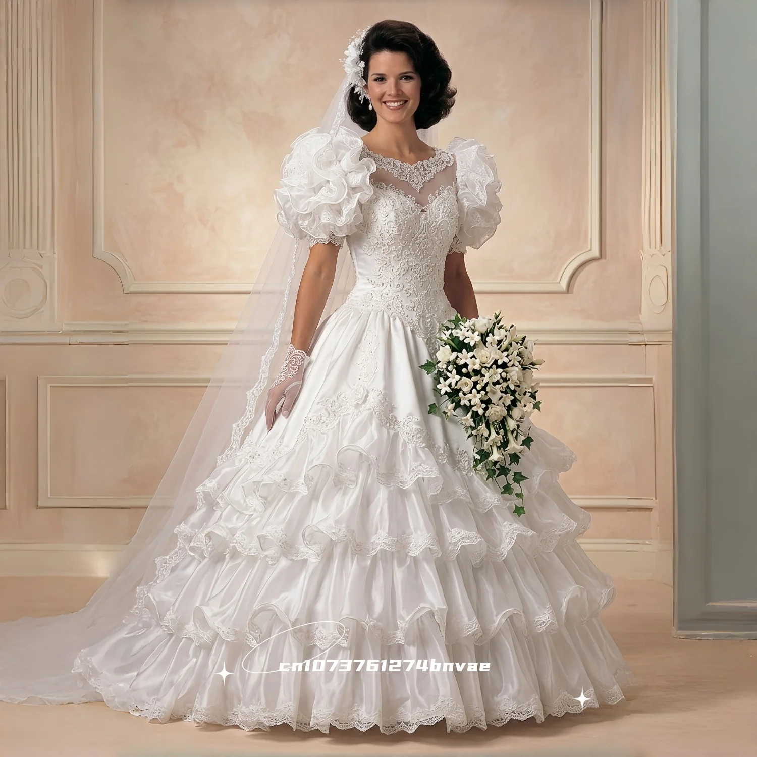 Vintage viktorianisches Hochzeitskleid mit Rüschen, Puffärmeln, kurzen Ärmeln, Stufenrock, weiß, A-Linie, klassisch, Robe De Mariee, individuell gestaltet