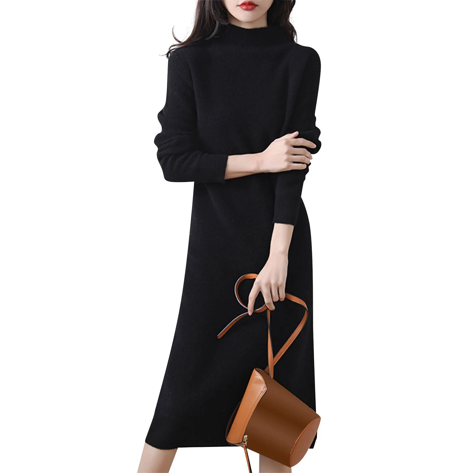 High Collar Knitted Dress Women'S Bodycon Dresses Asymmetric Knot Maxi Long Sleeve Slim Fit Round Neck Solid Autumn Dresses Woma
