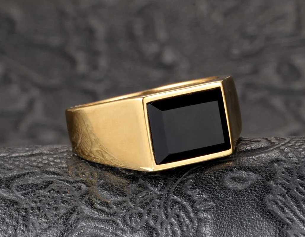 Korean Square Obsidian Stainless Steel Ring for Men Boys Classic Agate Stone Cocktail Party Jewelry Wedding Bands Gifts