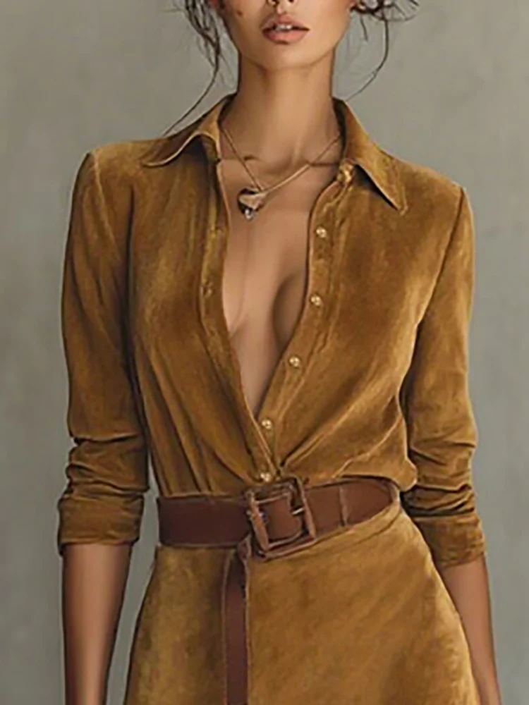 

Elegant Suede Maxi Women's Dress Solid Lapel Single Breasted Half Placket Autumn Slim With Belt Fashion Female Streetwear Dress