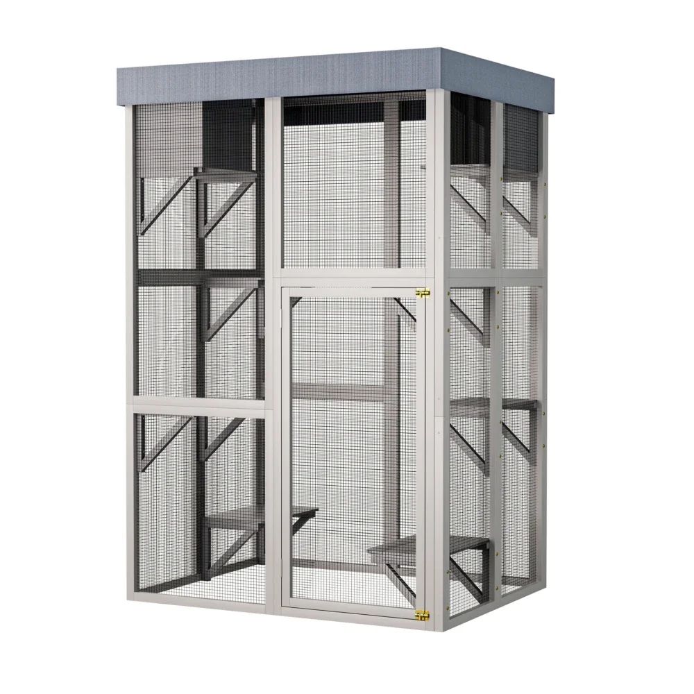 

70.5''Tall Wooden Catio Outdoor Cat Enclosure,Gray Cat House Large Solid Wood Cage Playpen