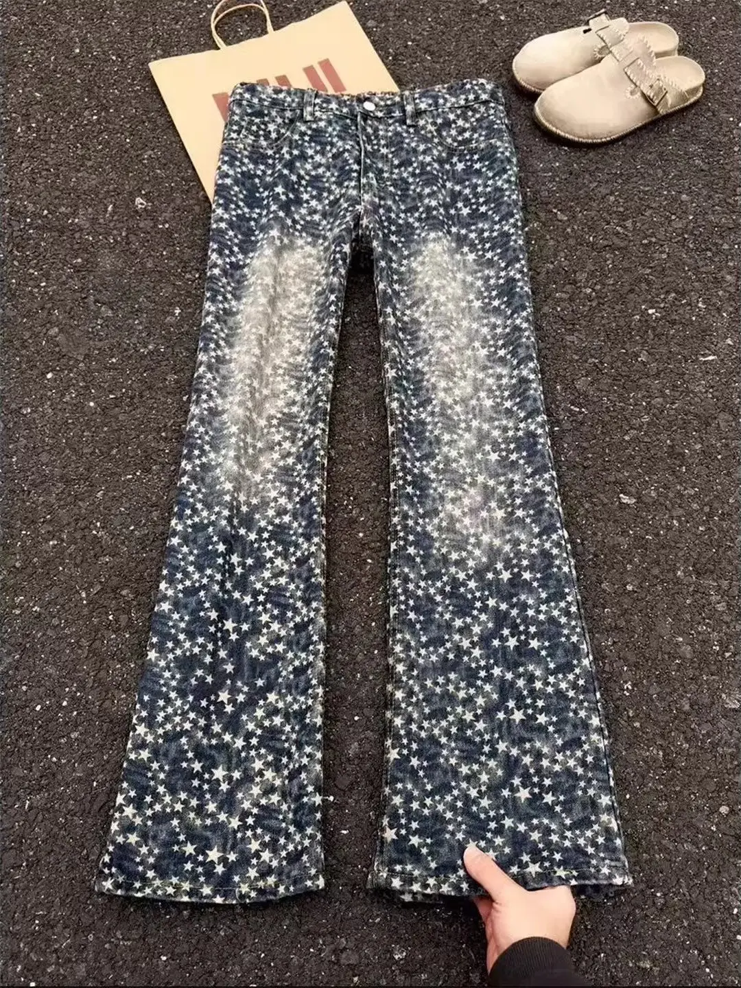 American Retro Star Print Slim Fit Straight Leg Jeans Men's Autumn New High Street Trend Brand Long Pants Casual Youth Style