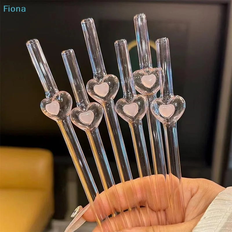 ✔Heart Shaped Glass Straws,Reusable Clear Drinking Straws with Pink Heart Accent for Smoothies,Coffee & Cocktails