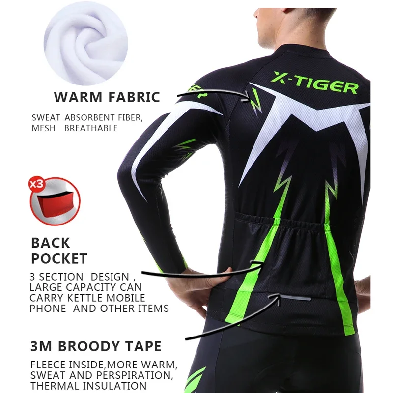 X-Tiger Warm Pro Winter Thermal Fleece Cycling Jersey Uniform Ropa Ciclismo Mtb Long Sleeve Men Bike Wear Clothing Maillot