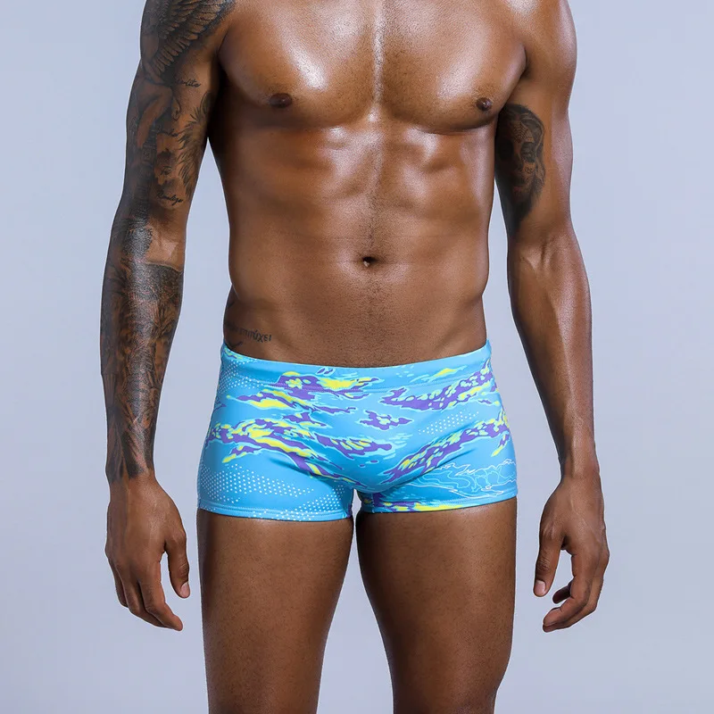 Men's nylon flat angle swimming trunks, European and American sexy printed drawstring beach pants, hot spring swimming trunks