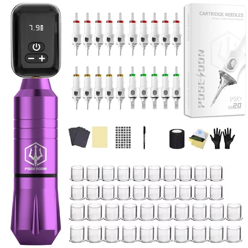 Imagen 2 del producto POSEIDON Kit de tatuaje 20 V6 agujas de tatuaje Kit de pluma de tatuaje para maquillaje permanente Kit de máquina de tatuaje Kit de pistola de tatuaje inalámbrica púrpura