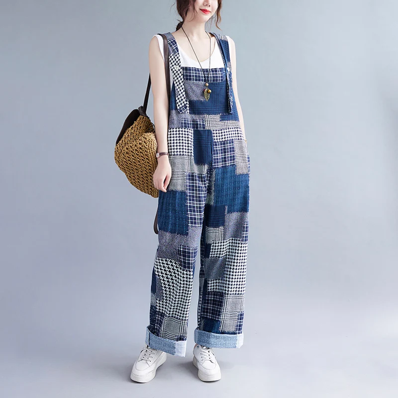 Celana Panjang Wanita Ukuran Besar Model Patchwork Kotak-kotak Kasual dari Katun Linen dengan Potongan Lebar dan Desain Menutupi Pinggul