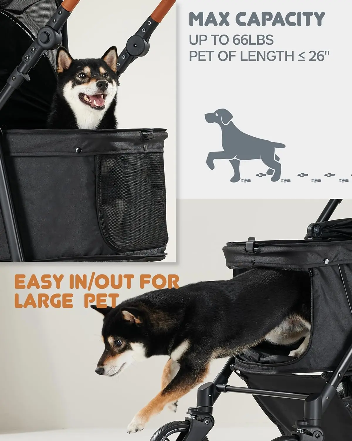 Medium Pet Stroller for Dogs Up to 66lbs,Adjustable Handle, 180 ̊ Canopy,4 Wheels for Medium/Large Dogs and Cats, Waterproof Pad