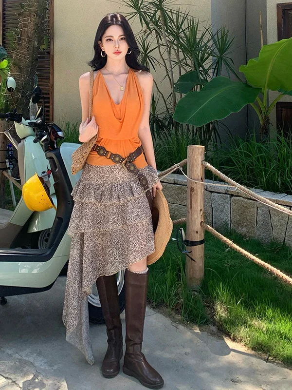 

Sexy American Style Orange Off-Shoulder Vest Women's Summer Beach Holiday Outerwear Slimming Top Hanging Neck Design