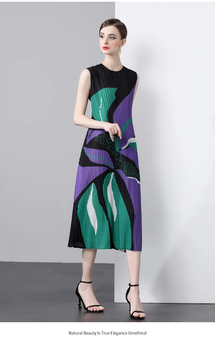 Miyake Pleated, Round Neck Printed Dress, Literary Niche Straight Skirt Pleated Versatile Mother Outfit Foreign Style