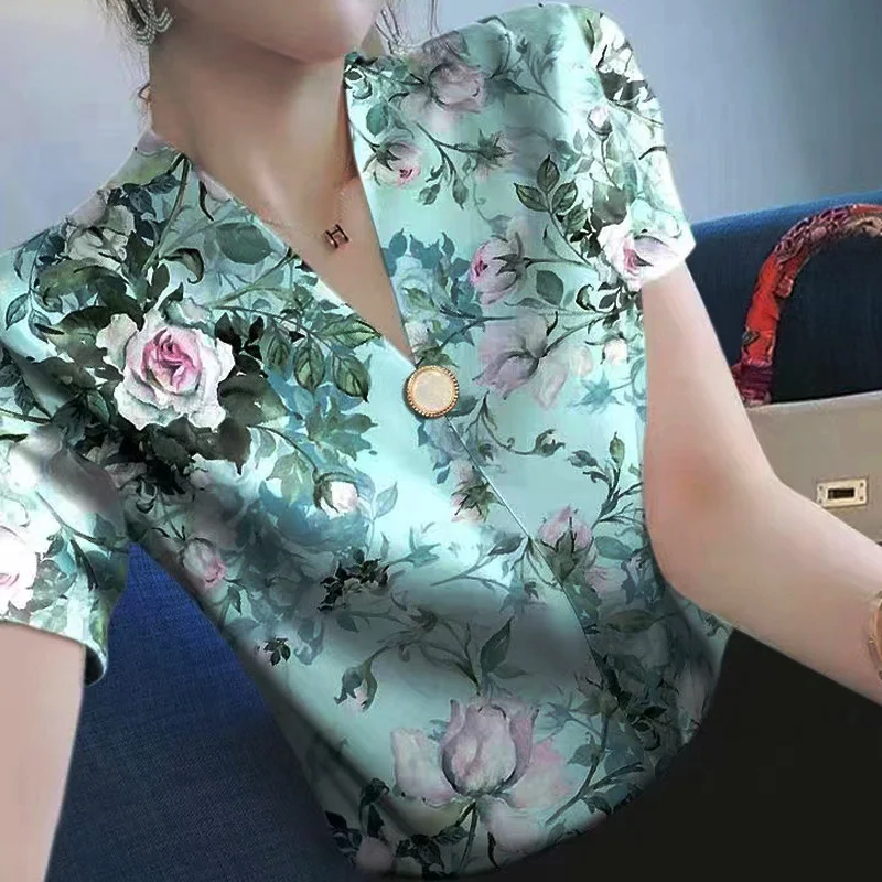 EVNISI Women Chic Floral Printing Blouse V-neck Button Elegant Shirt Short Sleeve Slim Office Pullover Tops Women 2024 Summer