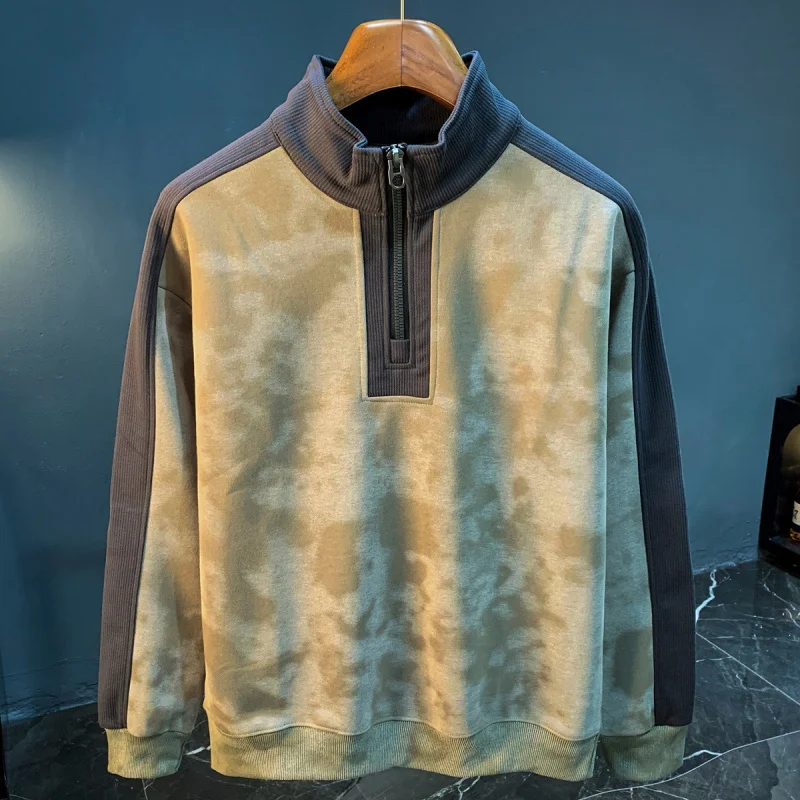 

Half cardigan stand up collar sweatshirt men's spring and autumn 2025 new fashion trend tie dye color matching loose casual top