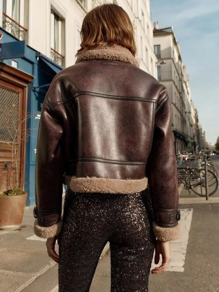 على الوجهين الجلود والفراء ort Jaet Thiened ملابس خارجية نسائية غير رسمية سستة إغلاق لون الخريف الشتاء جديد #4