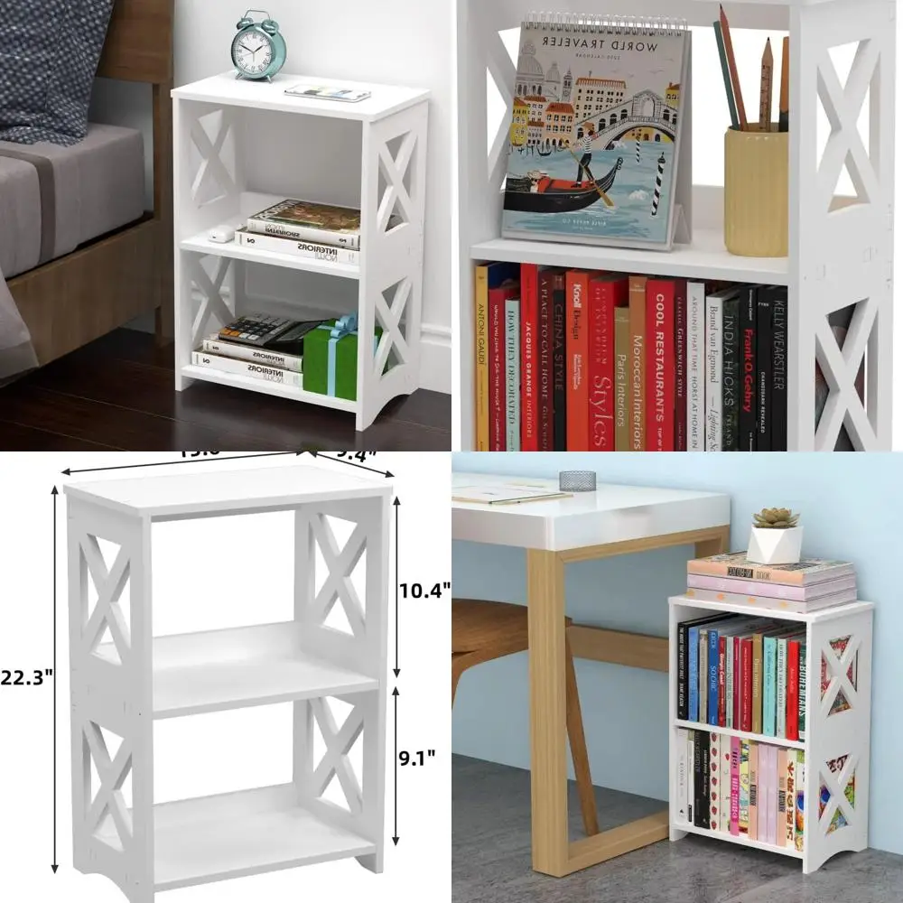 

White Minimalist Side Table with Storage Shelf, Small Bookcase for Bedroom, Living Room, and Office