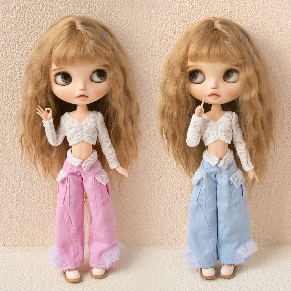 

Blythe clothes Vintage Lace White Top Wide-Leg Pants Lace Jeans Casual Set for Licca Azones Ob 22 24 Ker YMY doll accessories.