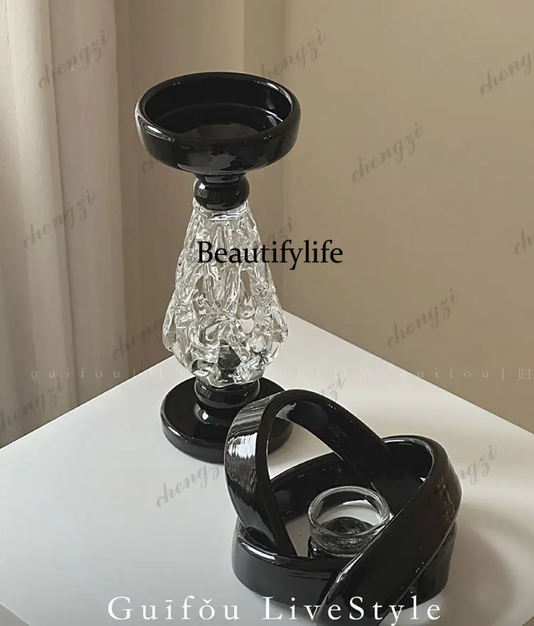 Medieval style ornament retro candlestick heavy industry living room black glazed candle tomei French decoration