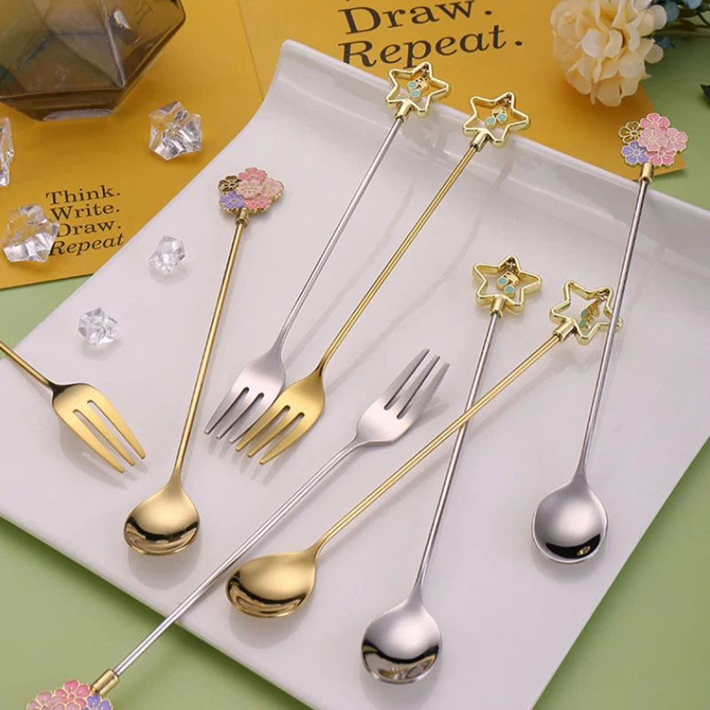 Handle Spoon Five-pointed Star Gold-plated Dessert Coffee Tea Long Handle Kitchen Supplies Mixing Spoon Set Heart-shaped Pendant